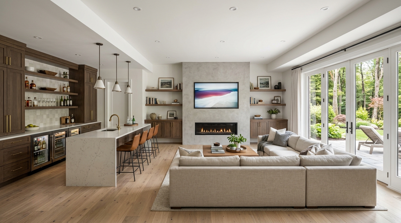Luxury modern finished basement remodel daylight light mode
